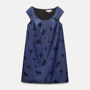 ZARA BEADED DENIM EFFECT DRESS ZW COLLECTION L